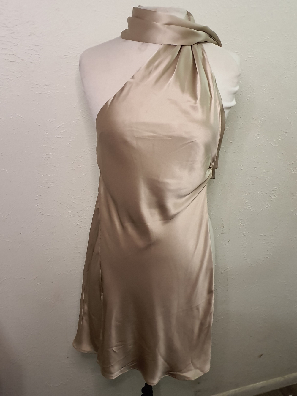 Silky One-Shoulder Cream Halter Dress